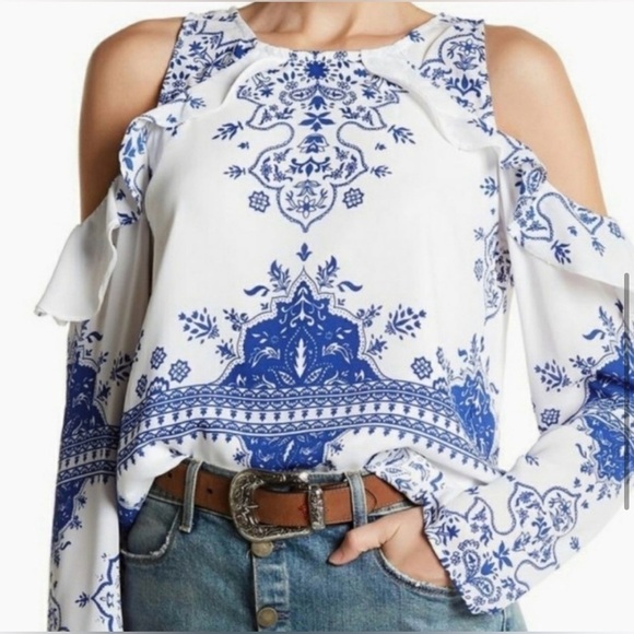 Lovers + Friends Tops - Lovers + Friends White and Blue Long sleeve ruffle shoulder cut out blouse, XS